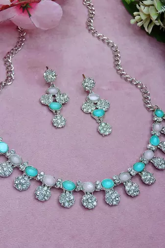 Green color rhodium plating festive wear designer necklace set