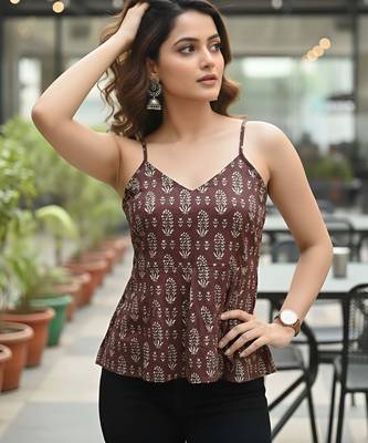 Brown cotton printed top for women 5