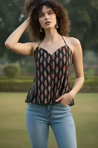 Black cotton printed top for women