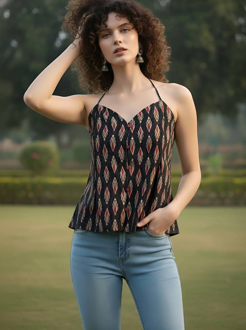 Black cotton printed top for women