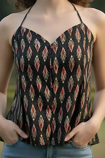 Black cotton printed top for women