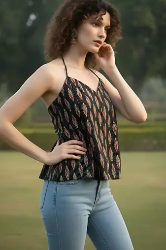 Black cotton printed top for women