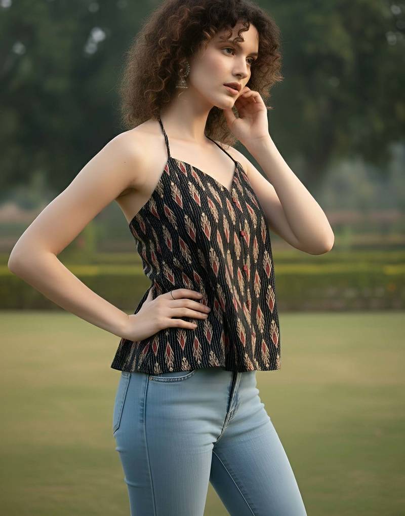 Black cotton printed top for women