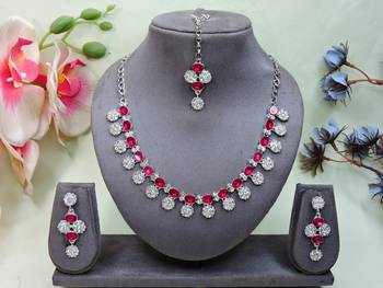 Pink color rhodium plating festive wear designer necklace set 1