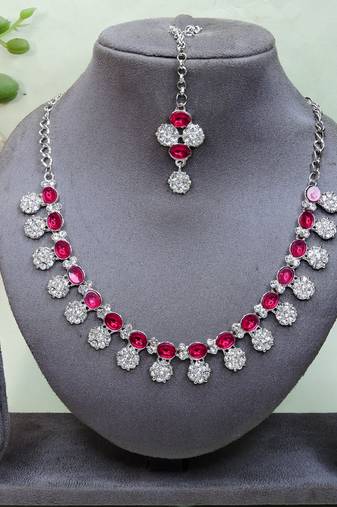 Pink color rhodium plating festive wear designer necklace set
