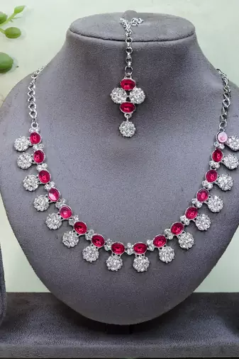 Pink color rhodium plating festive wear designer necklace set