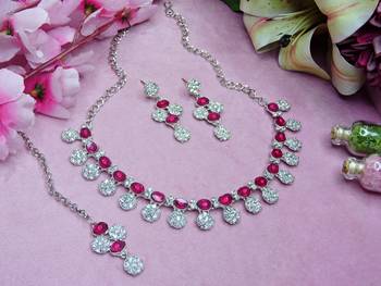 Pink color rhodium plating festive wear designer necklace set 2