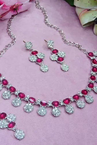 Pink color rhodium plating festive wear designer necklace set