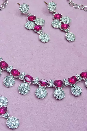 Pink color rhodium plating festive wear designer necklace set