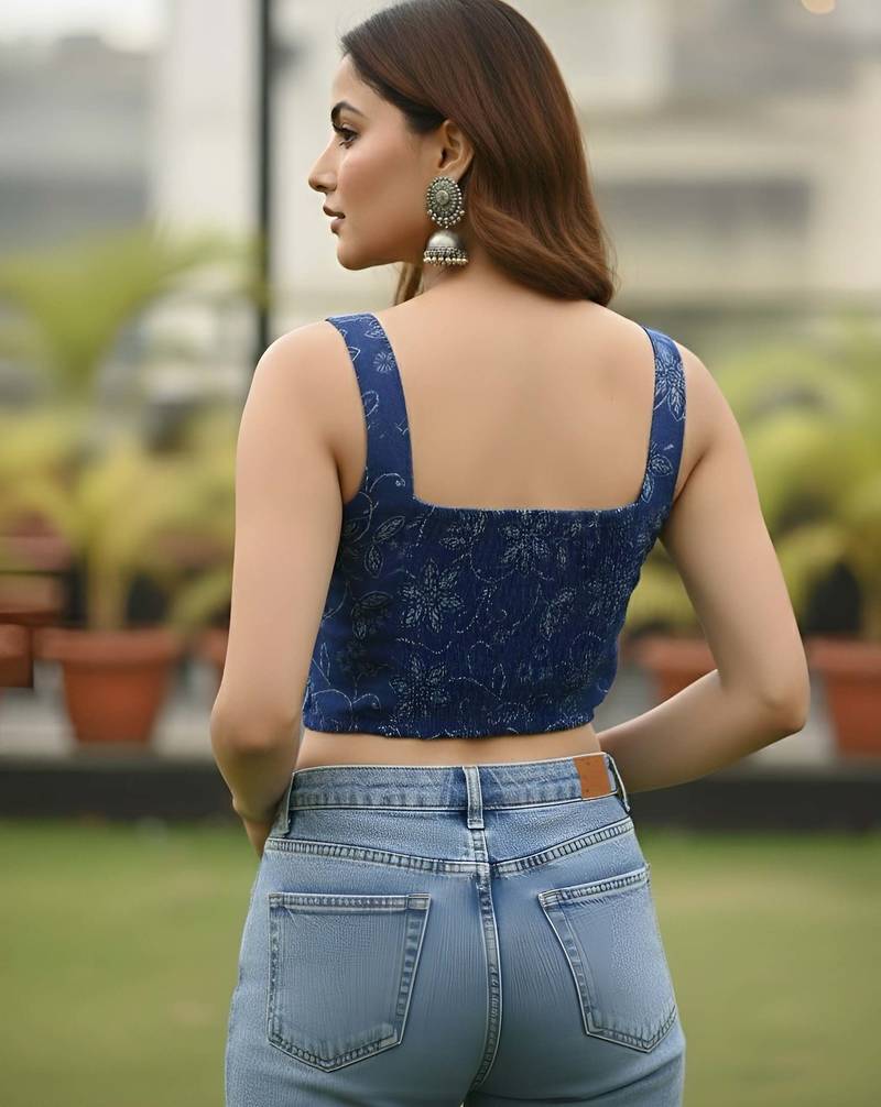 Blue cotton printed top for women
