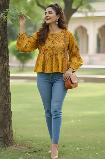 Yellow cotton printed top for women