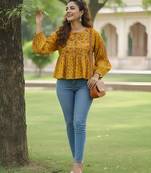 Yellow cotton printed top for women