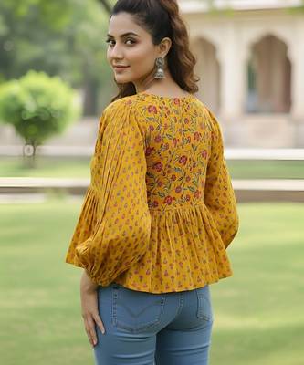 Yellow cotton printed top for women 2
