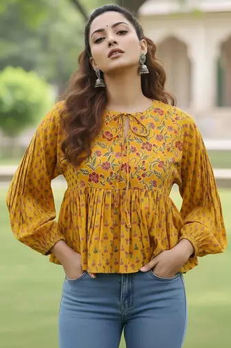 Yellow cotton printed top for women