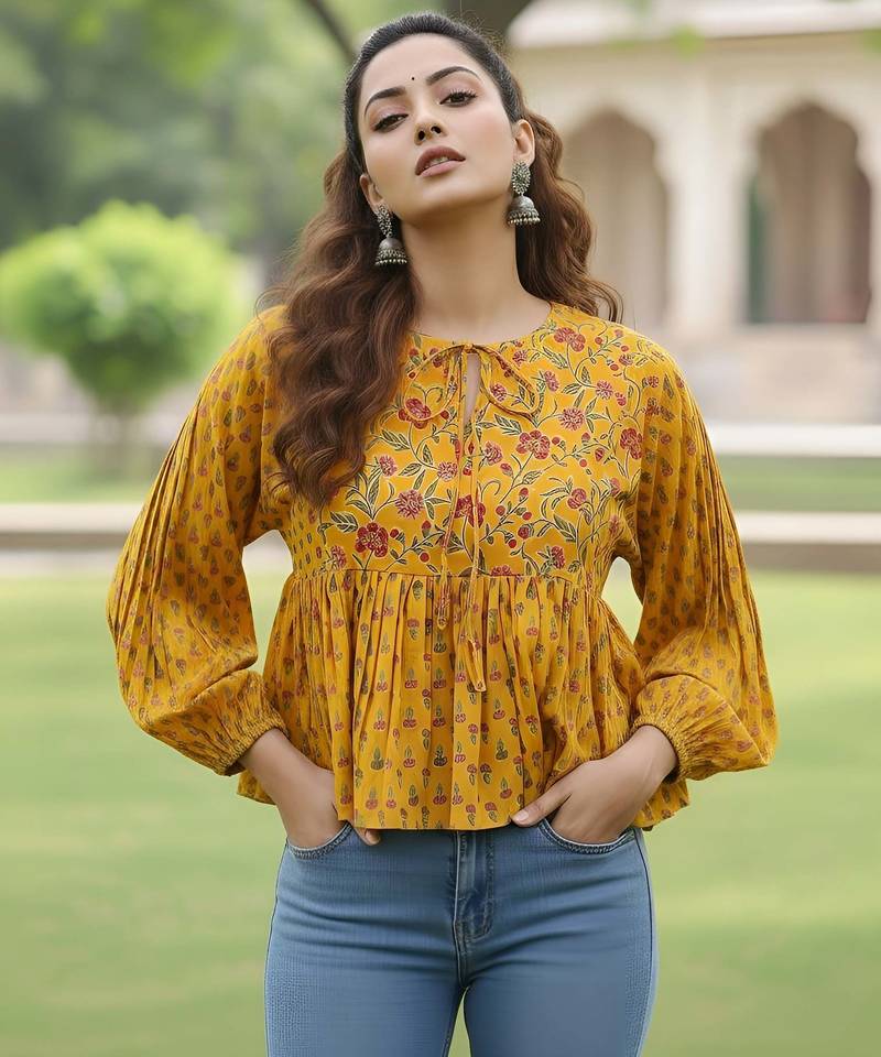 Yellow cotton printed top for women