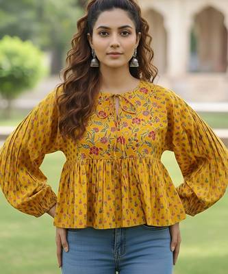 Yellow cotton printed top for women 4