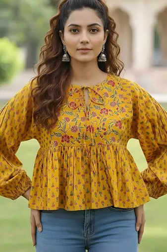 Yellow cotton printed top for women
