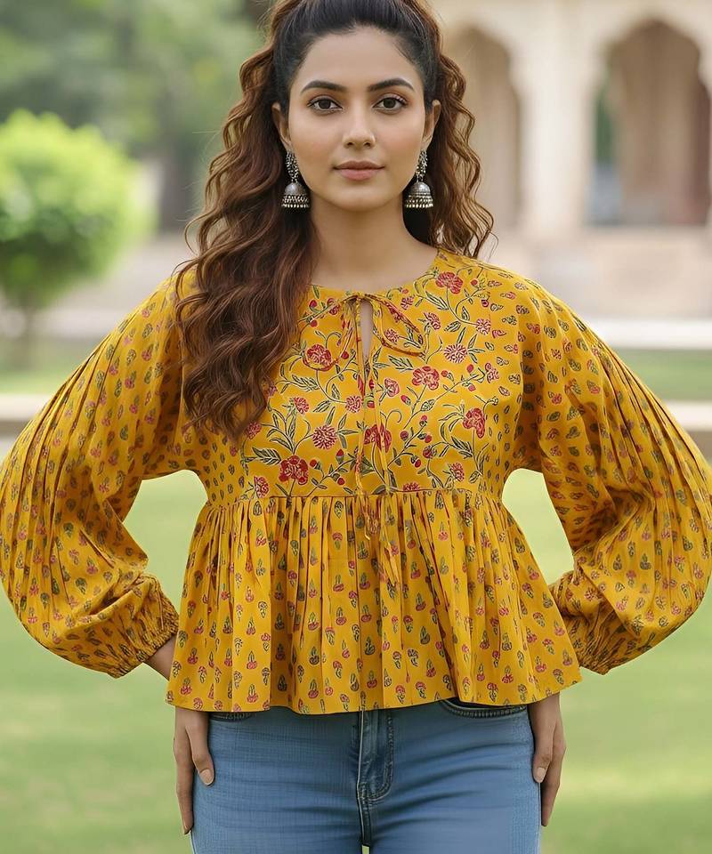 Yellow cotton printed top for women