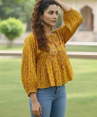 Yellow cotton printed top for women 5