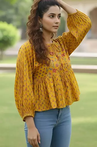 Yellow cotton printed top for women
