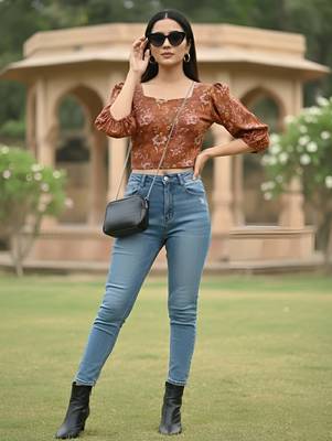 Orange cotton printed top for women 1