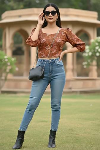 Orange cotton printed top for women