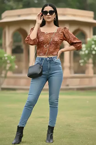 Orange cotton printed top for women