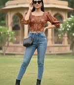 Orange cotton printed top for women