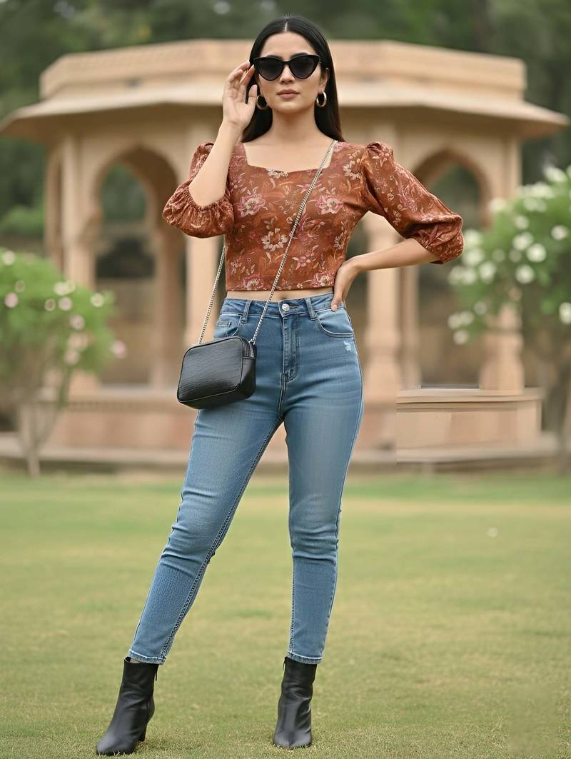 Orange cotton printed top for women