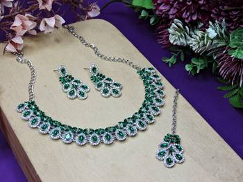 Green color rhodium plating festive wear designer necklace set 2
