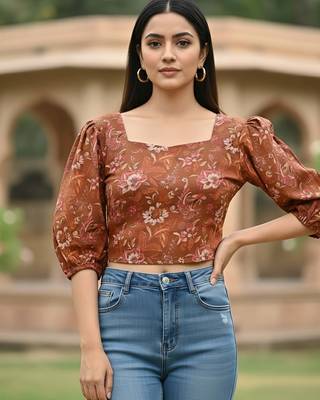 Orange cotton printed top for women 2