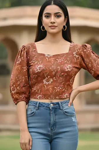 Orange cotton printed top for women