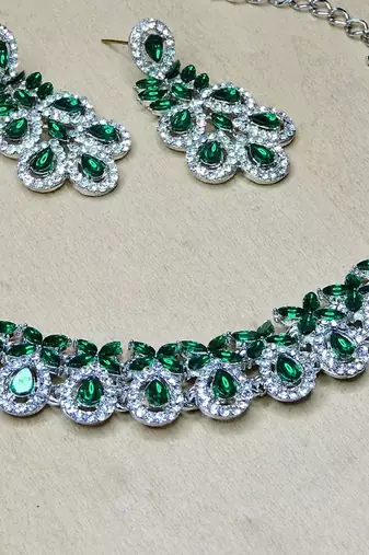 Green color rhodium plating festive wear designer necklace set