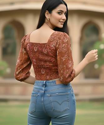 Orange cotton printed top for women 3