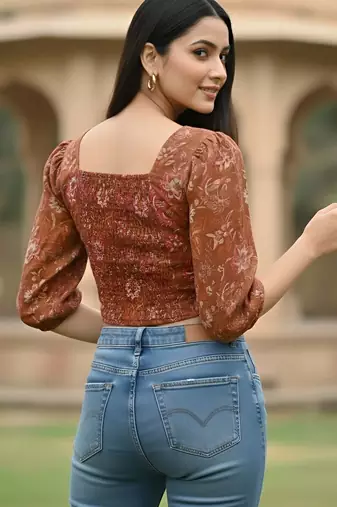 Orange cotton printed top for women