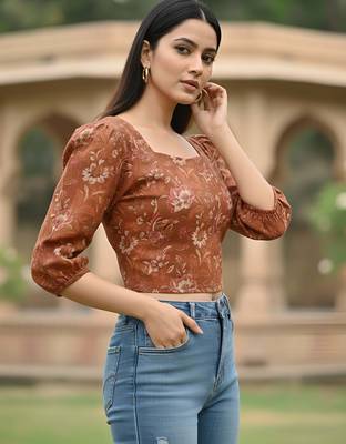 Orange cotton printed top for women 5