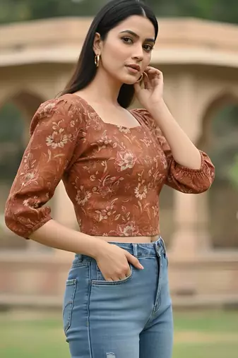 Orange cotton printed top for women