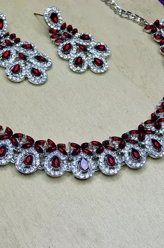 Maroon color rhodium plating festive wear designer necklace set