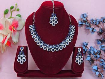 Blue color rhodium plating festive wear designer necklace set 1