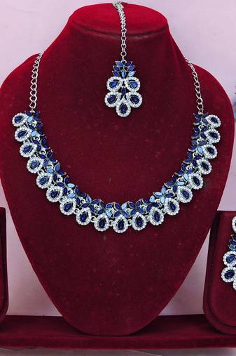 Blue color rhodium plating festive wear designer necklace set