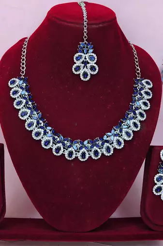 Blue color rhodium plating festive wear designer necklace set