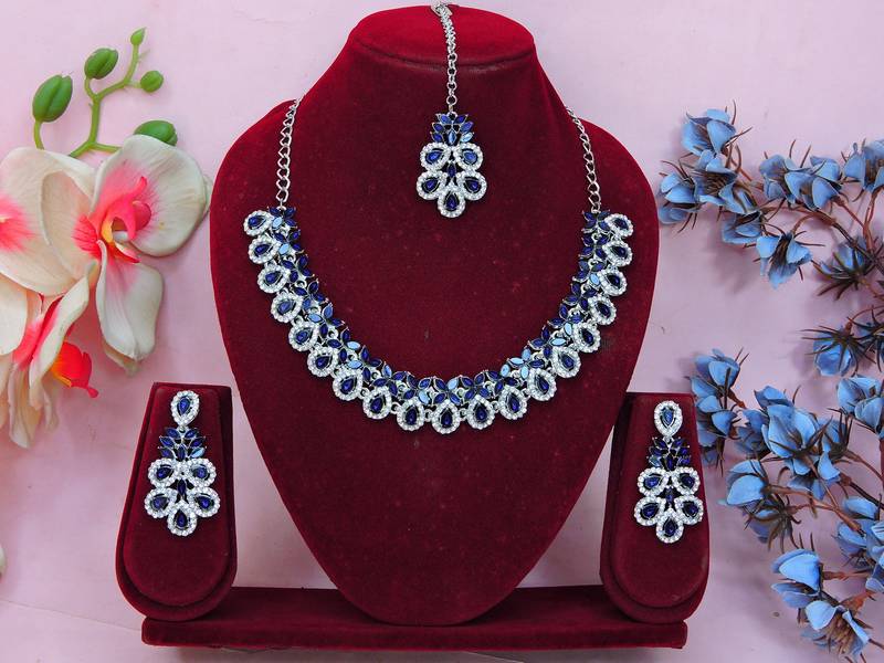Blue color rhodium plating festive wear designer necklace set
