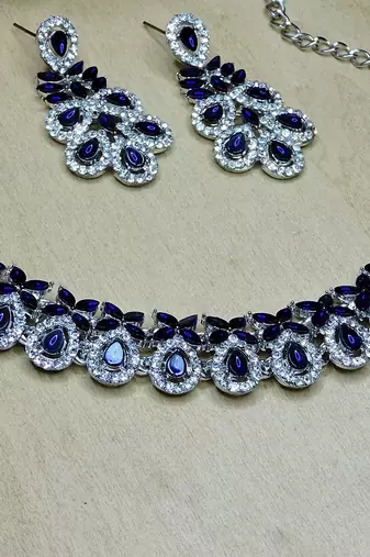 Blue color rhodium plating festive wear designer necklace set