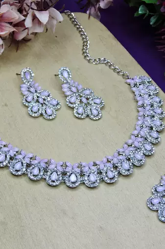 Pink color rhodium plating festive wear designer necklace set