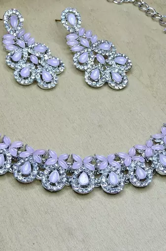 Pink color rhodium plating festive wear designer necklace set