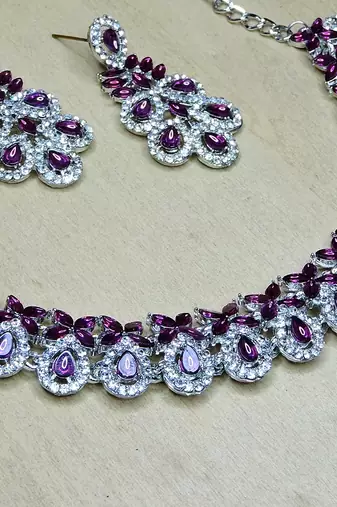 Purple color rhodium plating festive wear designer necklace set