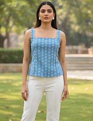 Blue cotton printed top for women 1