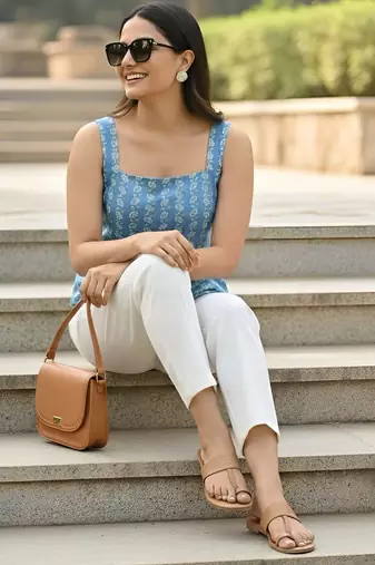 Blue cotton printed top for women