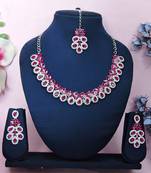 Pink color rhodium plating festive wear designer necklace set