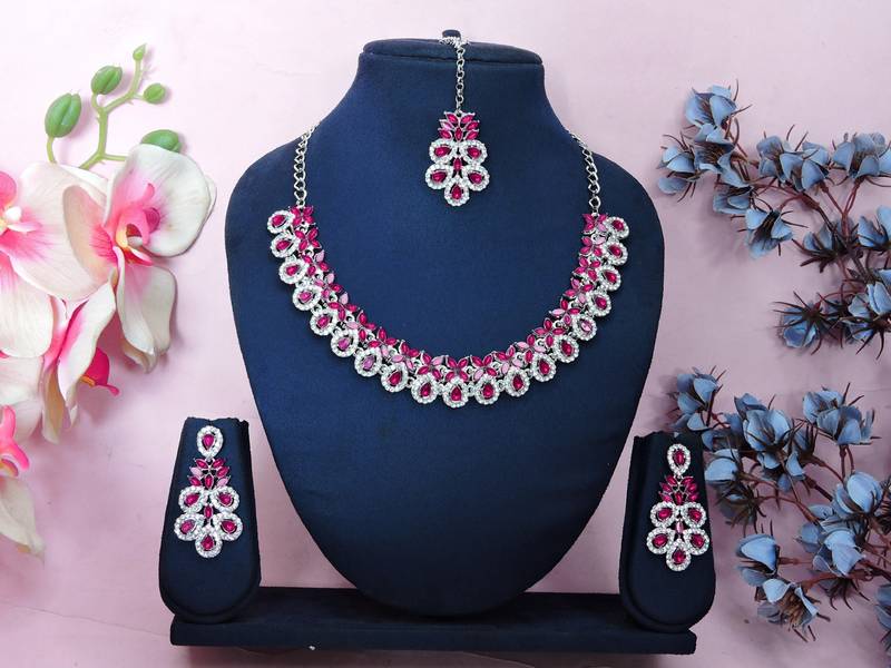 Pink color rhodium plating festive wear designer necklace set